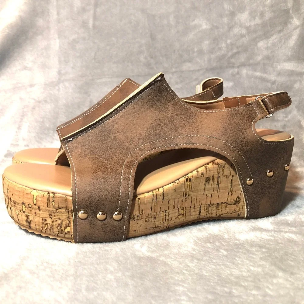 Womens Brown Faux Leather Cork Wedge Platform‎ Sandals Size 42 Studded Slingback
